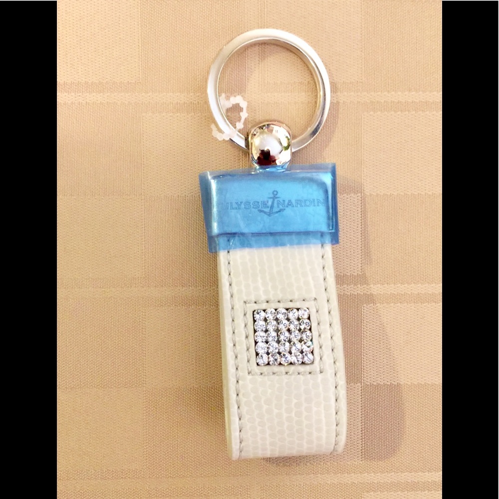 Ulysse Nardin White Leather Key Holder with Blue Accent and Crystal Square